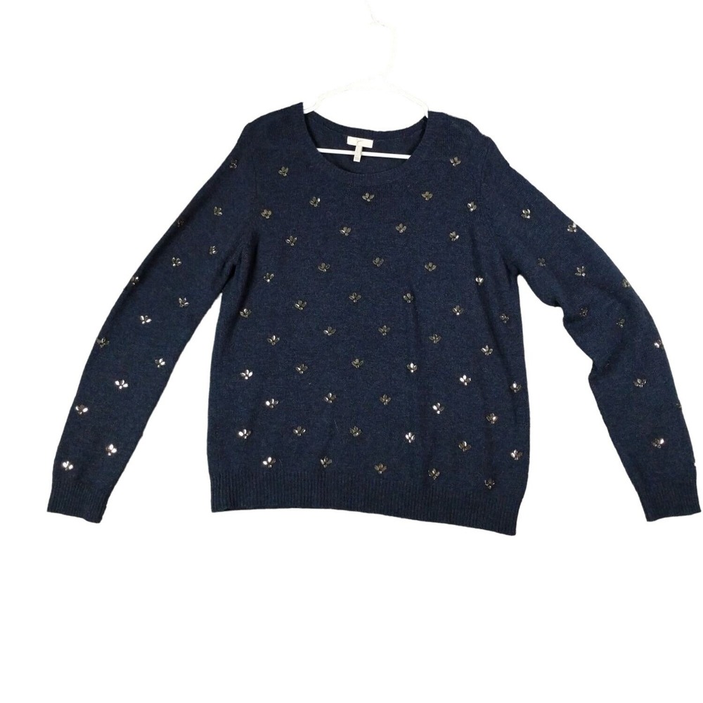 Joie Women Preppy Beaded Rhinestones Wool Cashmere Sweater L Navy Blue Pullover